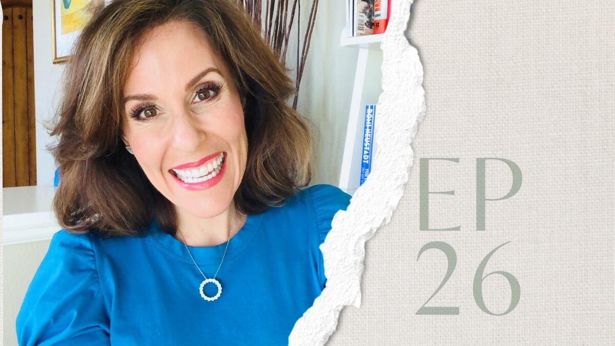 woman with brown hair in blue blouse smiling, text Ep 26