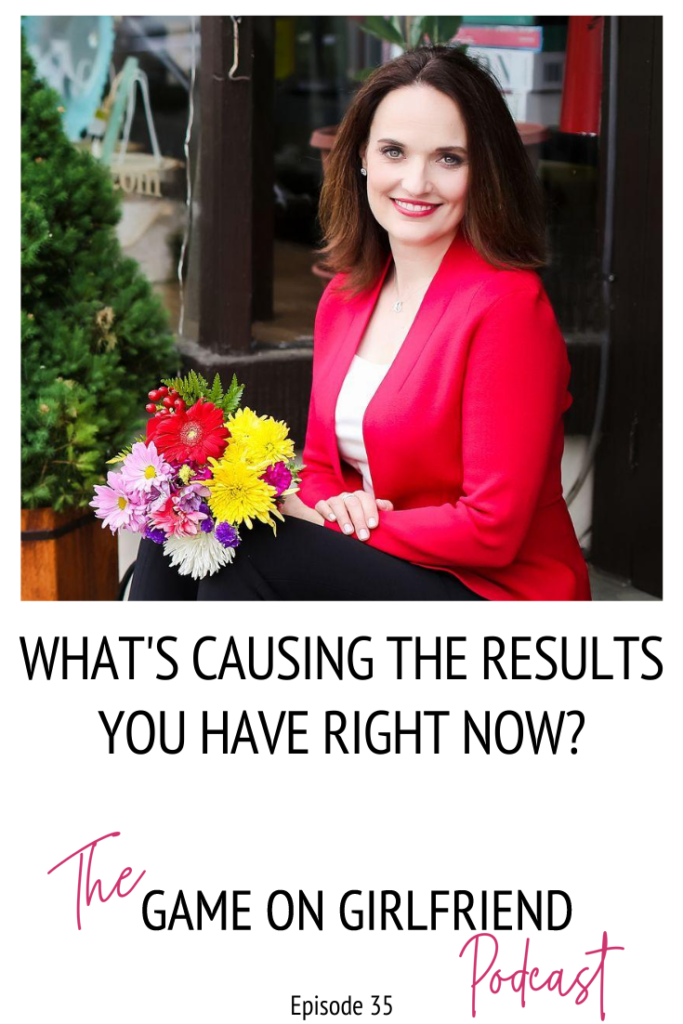 Smiling woman in red blazer with bouquet of flowers on her lap. Text reads "What's Causing the Results You Have Right Now?"