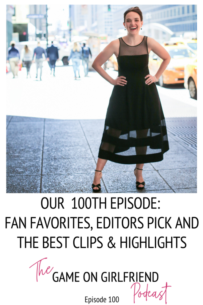 Smiling woman with hands on her hips stands on bustling street with yellow taxi cabs in the background, text reads: Our one hundredth episode, fan favorites, editor's pick and the best clips and highlights.