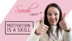 Picture of Sarah with a thumbs up and the Sarah Uncut background for Episode 26 background