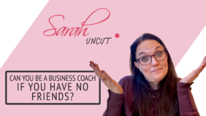 Picture of Sarah shrugging her shoulders with her arms bent and palms up and the Sarah Uncut background for Episode 27 background