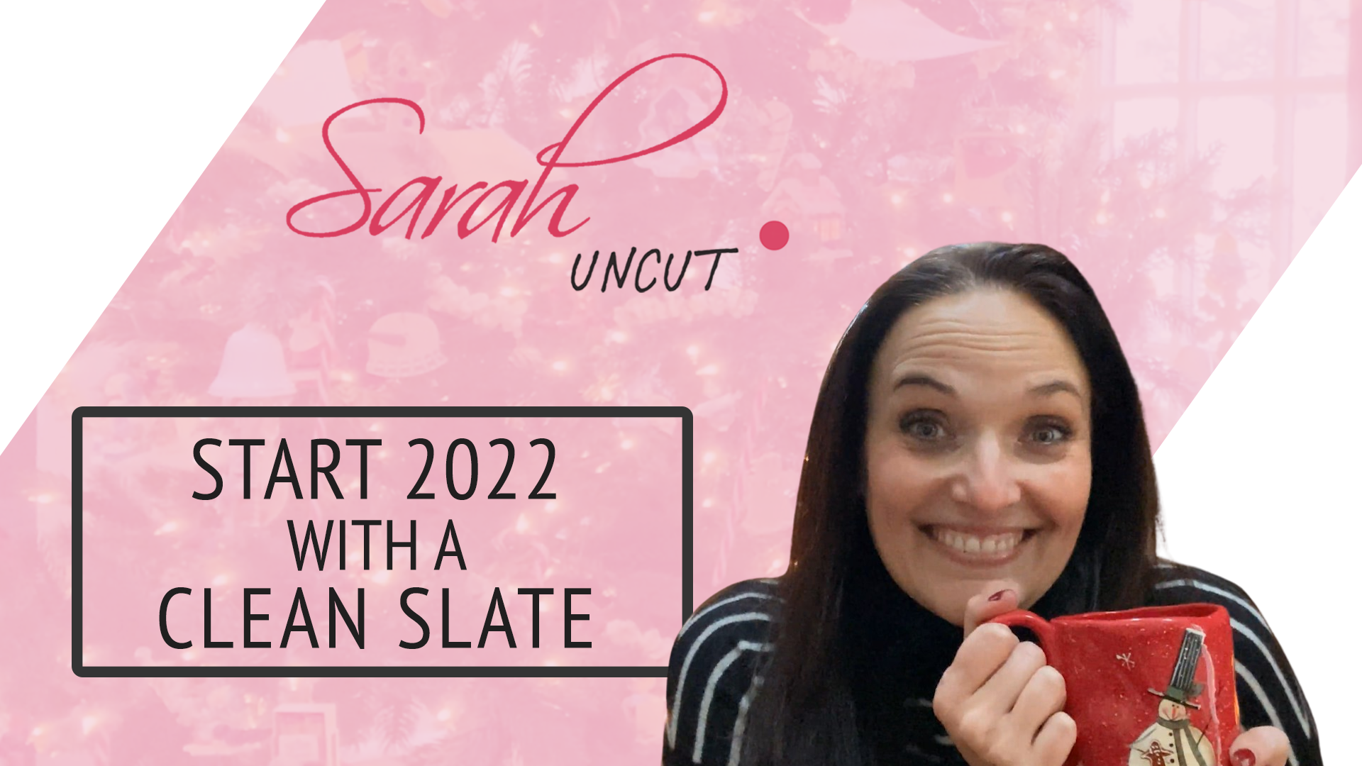 Picture of Sarah holding a red mug and the Sarah Uncut background for Episode 28 background