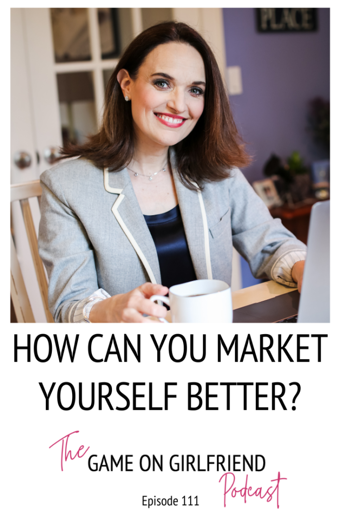 Women in Gray Blazer with cup of coffee. Test reads: How Can you Market Yourself Better?