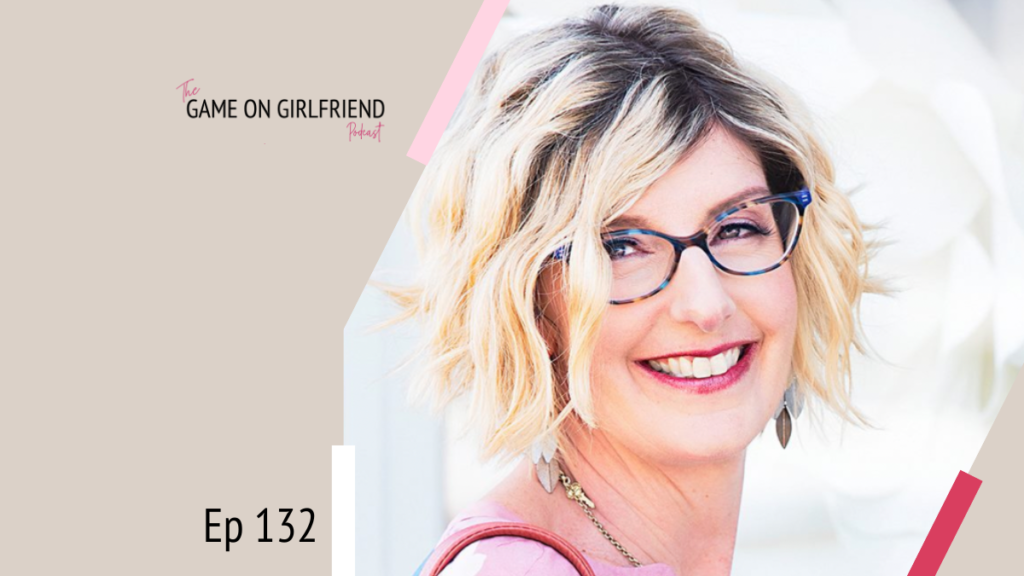 Woman wearing pink top with glasses and light colored hair looking to the side, with the Game On Girlfriend Podcast logo on the left