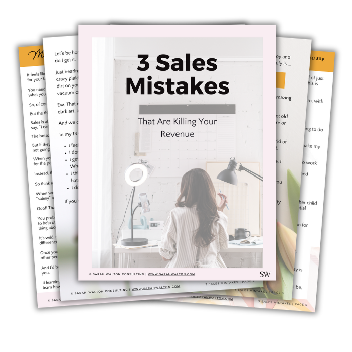 Booklet cover with text 3 Sales Mistakes That Are Killing Your Sales Revenue with a woman sitting at her white desk with her back to the camera, facing her ring light.