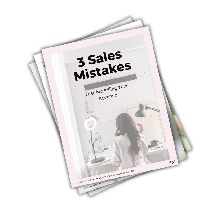 Booklet cover with text 3 Sales Mistakes That Are Killing Your Sales Revenue with a woman sitting at her white desk with her back to the camera, facing her ring light.