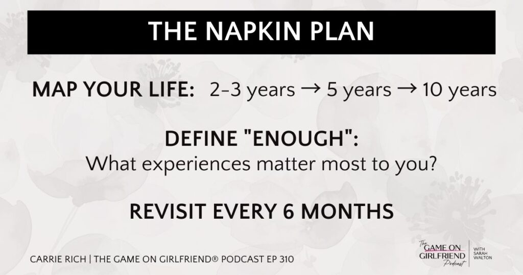 The Napkin Plan framework for financial life planning for women entrepreneurs, featuring Carrie Rich's strategy from the Game On Girlfriend podcast