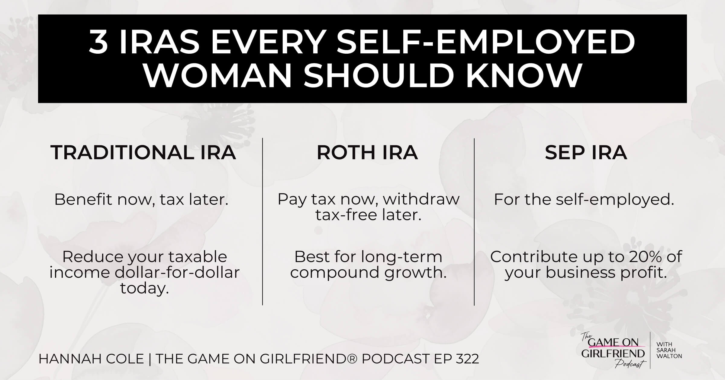 Three IRA types explained for self-employed women - Traditional, Roth, and SEP IRA comparison graphic from the Game On Girlfriend® podcast