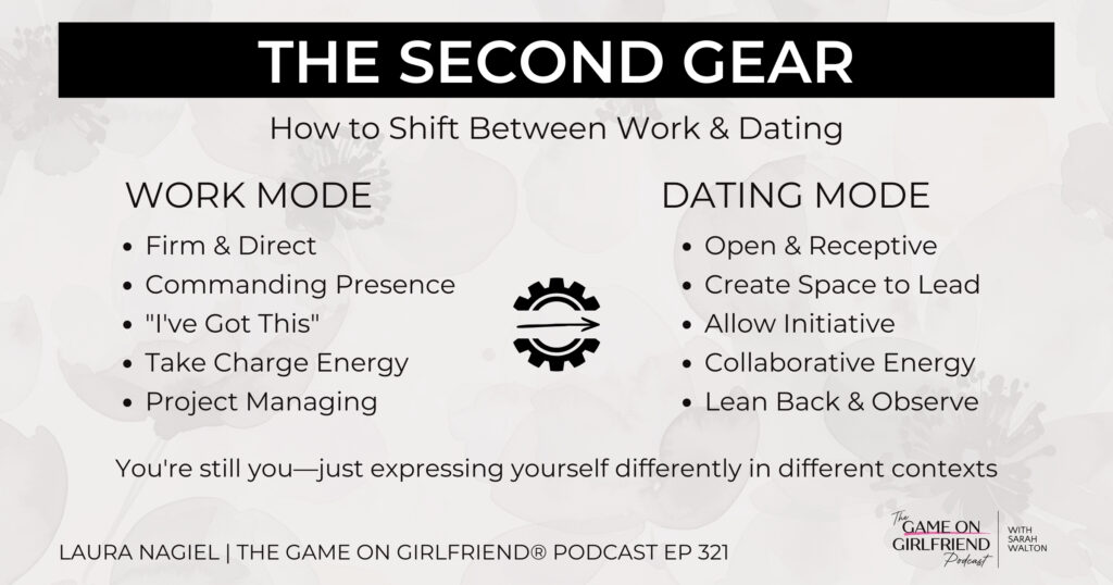 "The Second Gear framework showing the shift from masculine work mode energy (firm, commanding, take charge) to feminine dating mode energy (receptive, create space, lean back) for successful women"