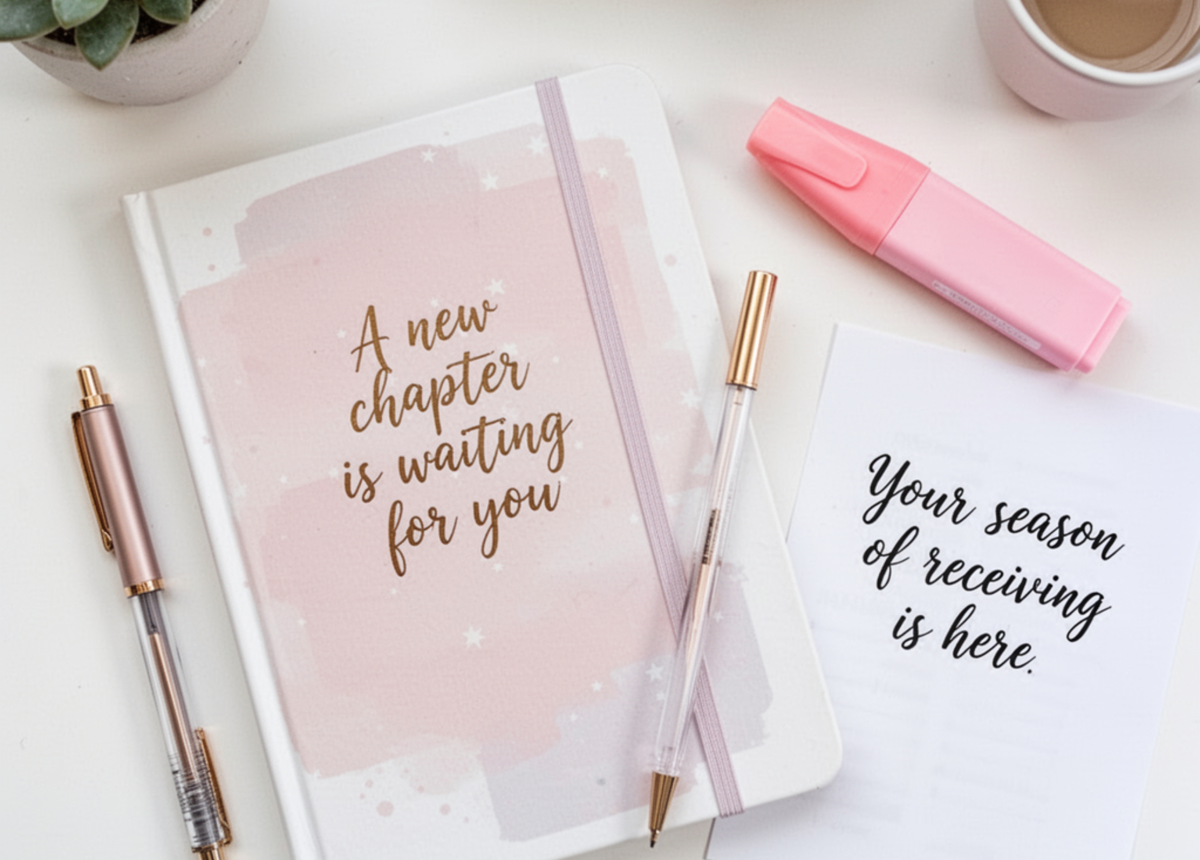 Workspace flatlay with journal reading 'A new chapter is waiting for you' and note saying 'Your season of receiving is here